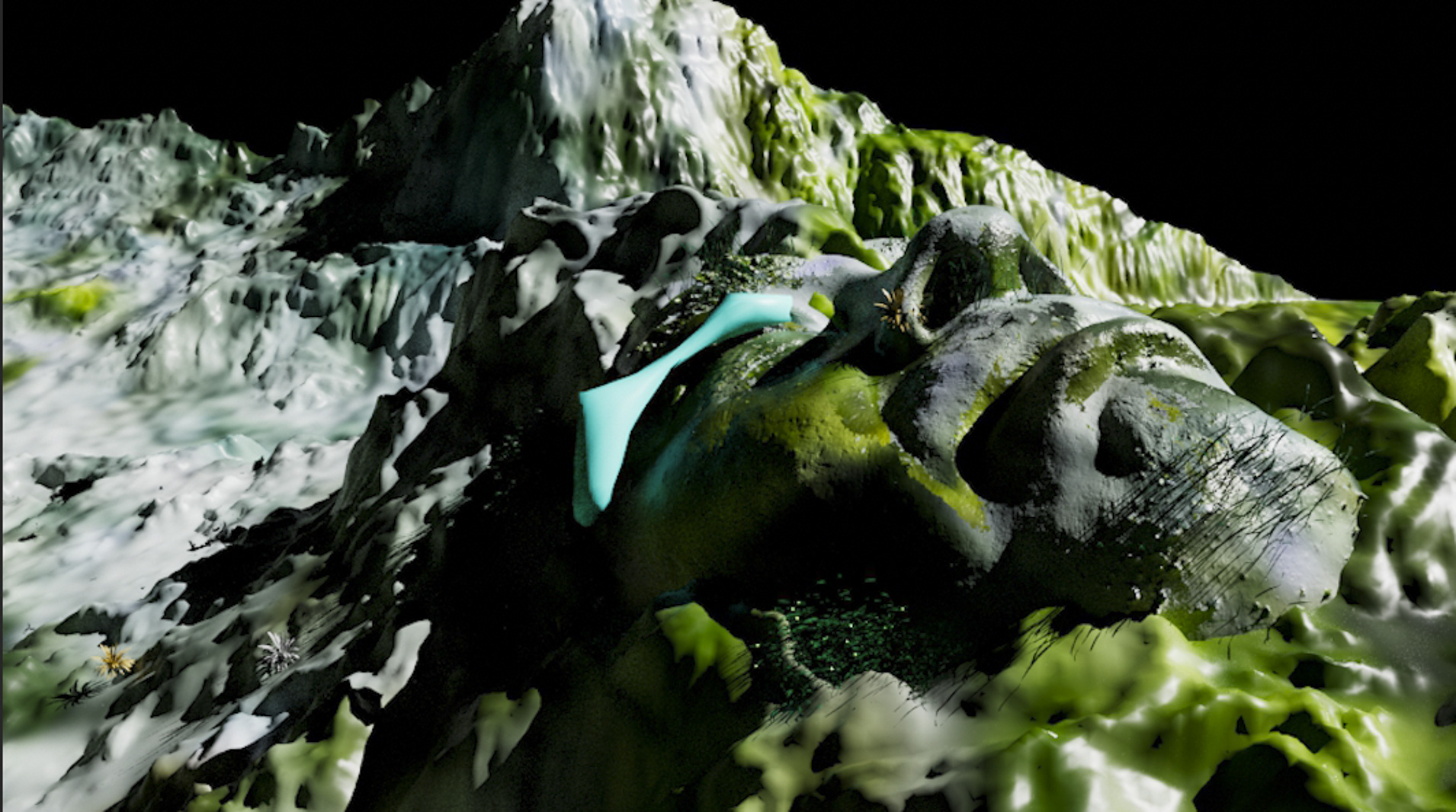 Still from a digital animation showing an abstracted landscape